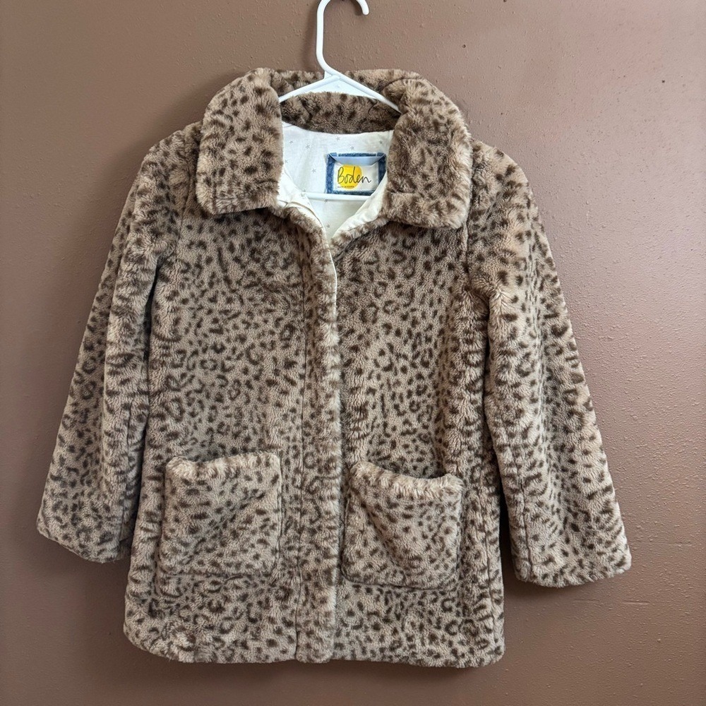 Boden Kids Leopard Print Faux Fur Coat Brown Tan Star Lining 9-10Y 140cm G0847